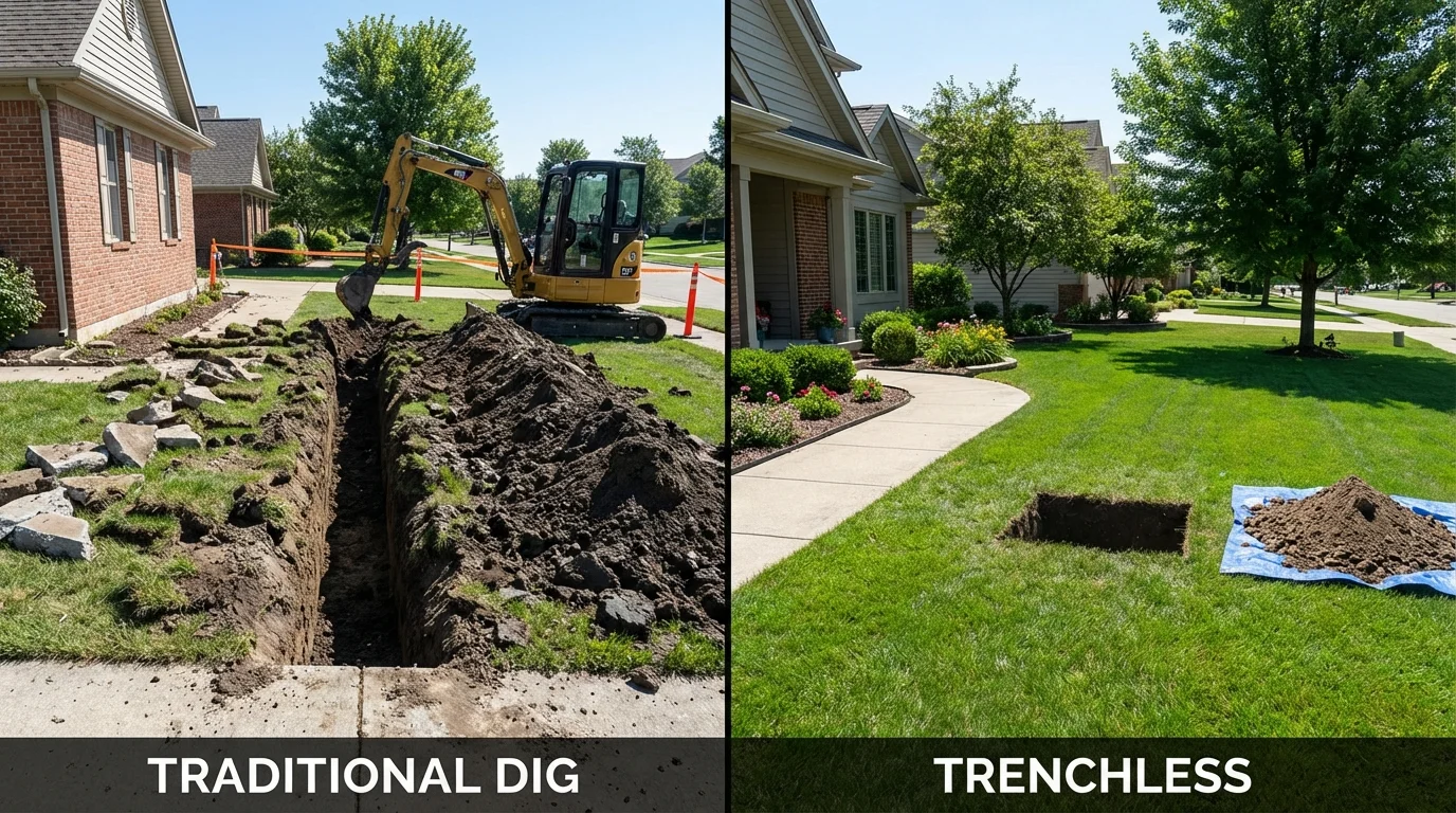 Trenchless sewer repair with minimal yard damage versus traditional excavation in Marlton, NJ