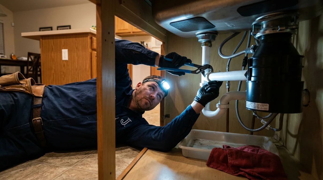 P-trap and supply line connections under a kitchen sink showing a common leak point in Marlton, NJ